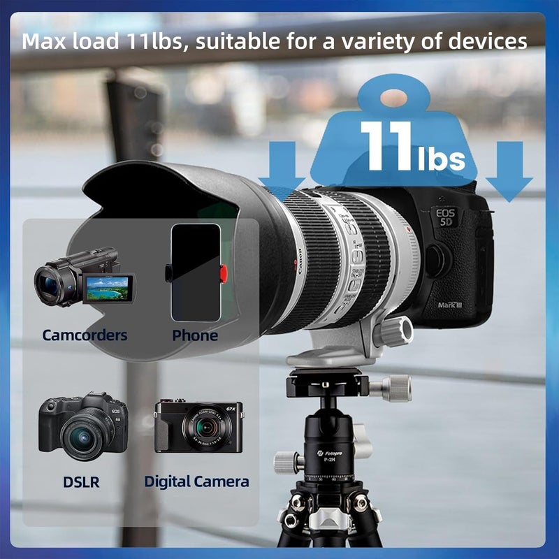 Fotopro حامل ثلاثي مصغر من ألياف الكربون، 15 بوصة / 0.86 رطل، حامل سفر خفيف الوزن ومضغوط مع رأس كروي بزاوية 360 درجة، لوحة QR لكاميرا الفيديو، سعة تحميل تصل إلى 11 رطل / 5 كجم، أسود - Image 5